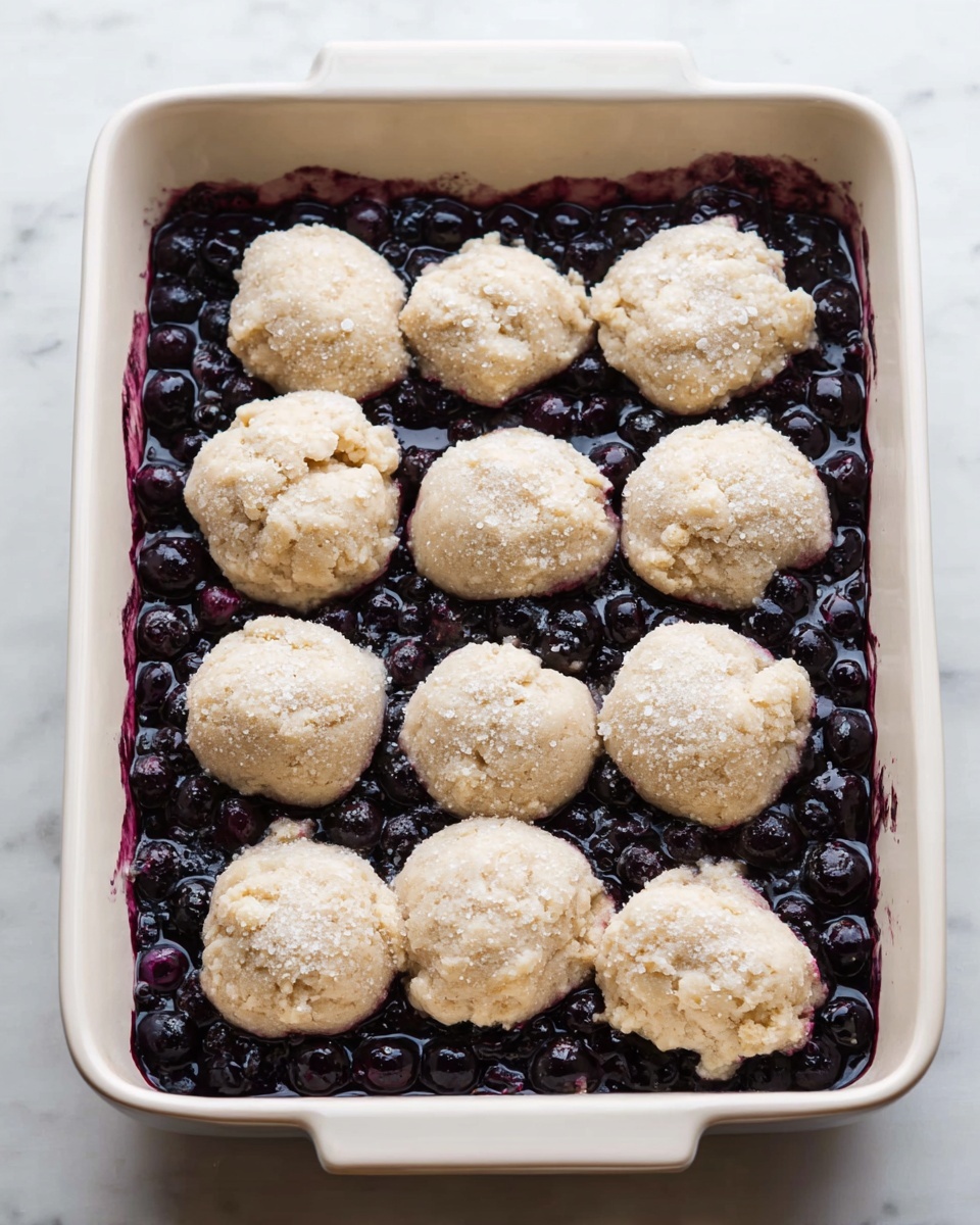A white rectangular baking dish filled with a deep purple-blue layer of whole blueberries, some slightly cooked and shiny, covering the bottom and edges. On top, there are ten uneven round biscuit dough scoops in a pale beige color, spaced out evenly in rows across the blueberries. Each biscuit has a rough, crumbly texture and a light dusting of sugar granules on the surface. The dish is sitting on a white marbled surface. photo taken with an iphone --ar 4:5 --v 7
