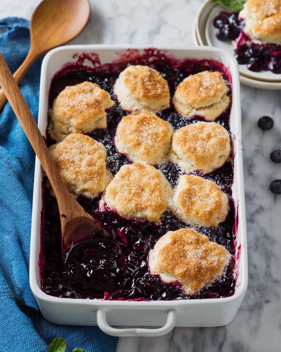 The image shows a white rectangular baking dish filled with a blueberry cobbler. The bottom layer is made of dark purple, juicy blueberry filling that is thick and glossy, with some spilling over the edges. On top, there are nine golden brown biscuit dollops evenly spread, each with a slightly rough texture and sprinkled with sugar for a sparkling effect. One corner of the dish is scooped out, exposing the thick fruit filling beneath the biscuit layer. The dish is placed on a white marbled surface, with a wooden spoon and a blue cloth nearby, and a small white plate holding a portion of the cobbler is partially visible. Photo taken with an iphone --ar 4:5 --v 7
