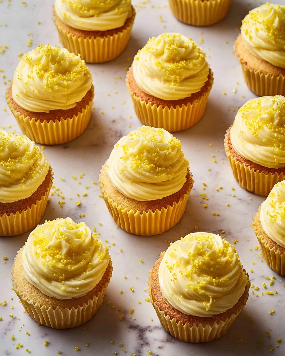 The image shows many yellow cupcakes arranged in a loose grid on a white marbled surface. Each cupcake has a single cake layer that is golden brown and topped with a thick, swirled layer of light yellow frosting. Small yellow sprinkles are scattered over the frosting and the surface around the cupcakes. The paper liners of the cupcakes are yellow, matching the overall color theme. The lighting is soft, giving a warm and inviting look to the scene. photo taken with an iphone --ar 4:5 --v 7