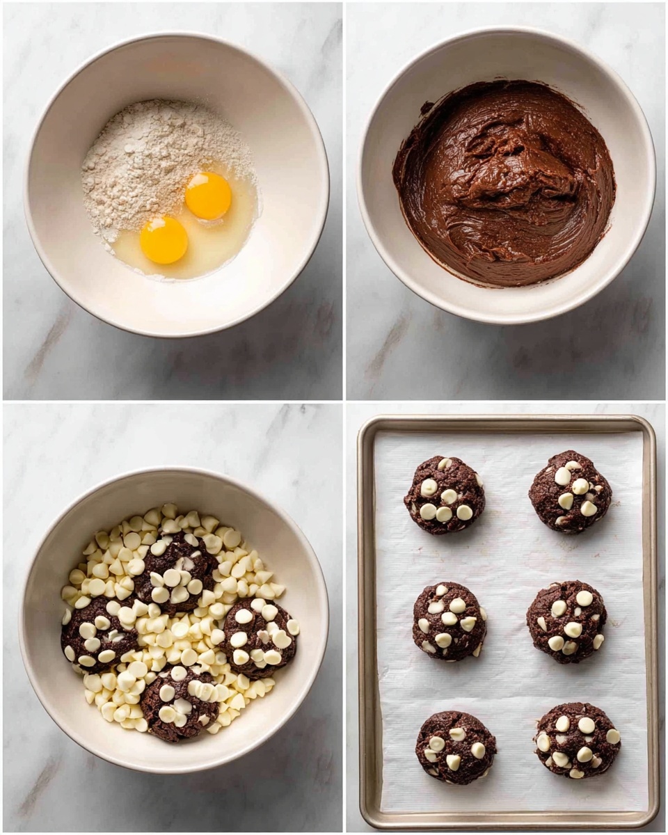 Chocolate Cake Mix Cookies with White Chocolate Chips Recipe 4 A series of six photos shows the step-by-step making of chocolate cookies with white chips. The first photo shows a white bowl with several dry ingredients and two yellow egg yolks in the center. The second photo shows the same bowl filled with smooth, dark brown cookie dough. The third photo shows the dough mixed with many white chocolate chips on top. In the fourth photo, the white chocolate chips are partly folded into the dark dough. The fifth photo shows six small dark chocolate dough balls with white chips on top, placed evenly spaced on a white paper-lined cookie sheet. The sixth photo shows the same cookie sheet but with the dough balls pressed flat into round cookie shapes with visible white chips on top. The background is a white marbled texture. Photo taken with an iphone --ar 4:5 --v 7
