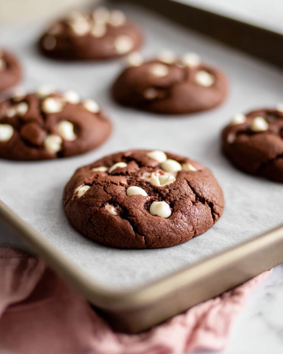 The image shows a close-up of several round chocolate cookies with white chips on top, placed on a baking tray lined with light grey parchment paper. The cookies are thick with a soft texture, dark brown in color with white chips embedded on the surface, creating a contrast. One cookie in the front is in sharp focus, showing small cracks and a soft, rich appearance. In the background, more cookies are slightly blurred, and a white marbled surface can be seen under the tray. The edge of a pink cloth is visible on the lower right side near the tray. photo taken with an iphone --ar 4:5 --v 7