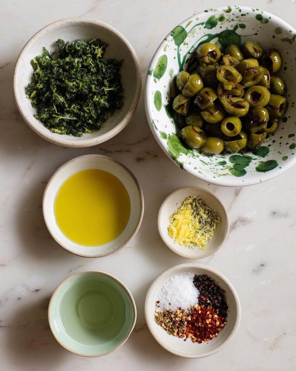 The image shows five bowls on a white marbled surface arranged with different ingredients. The largest bowl is white with green splash patterns filled with sliced green olives. A medium-sized white bowl contains chopped dark green herbs, and a small white bowl holds golden yellow olive oil. Another small white bowl has a pale green tea or broth. The last white bowl contains a mix of colorful spices and seasonings with yellow lemon zest, coarse white salt, black pepper, and red chili flakes. The setting is neat and simple, highlighting fresh ingredients. photo taken with an iphone --ar 4:5 --v 7