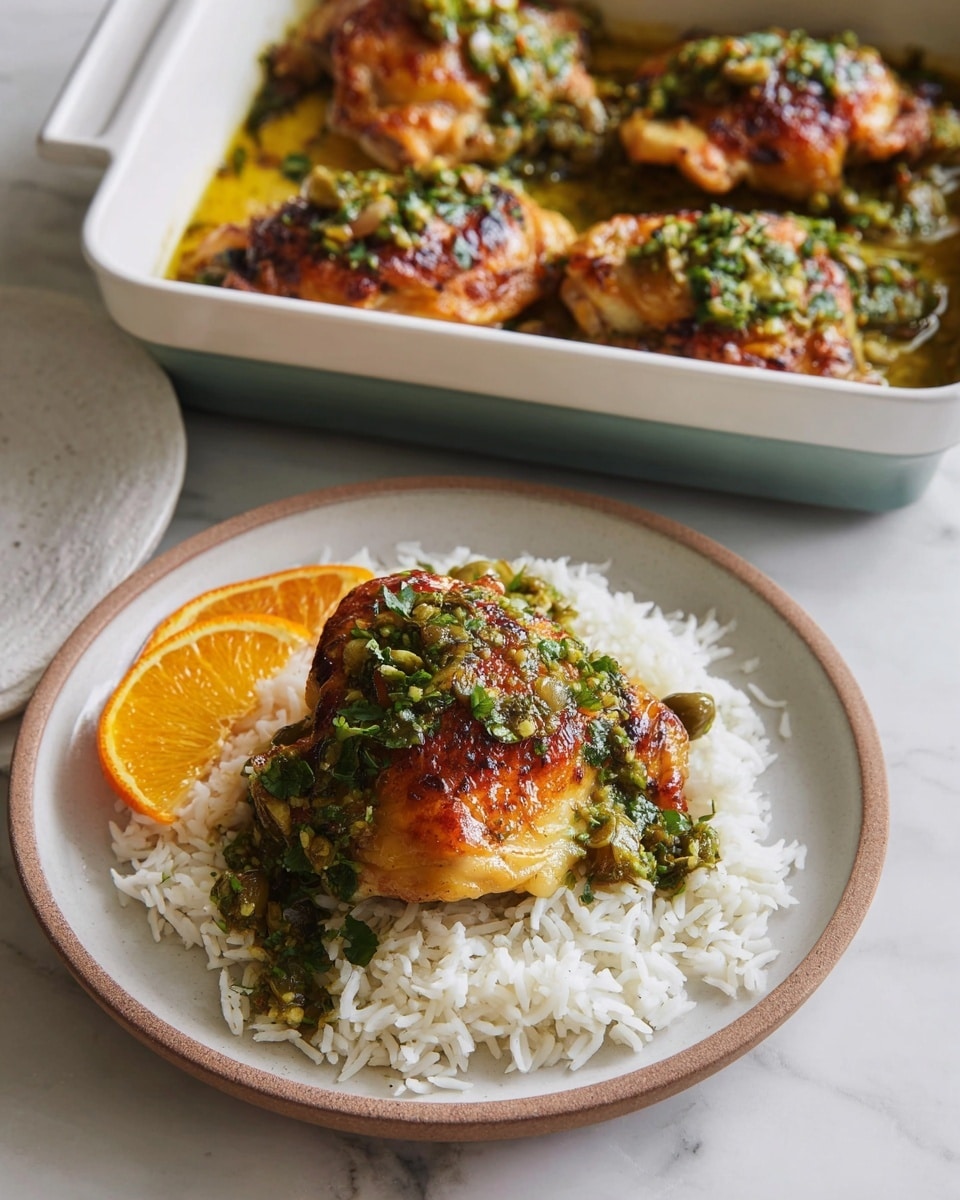 A white square baking dish holds two portions of cooked chicken thighs with golden-brown, slightly crispy skin, topped with a green olive and herb sauce, next to visible slices of orange. In the foreground, a round white plate features a bed of fluffy white rice as the base layer, topped with a single golden-brown chicken thigh, garnished with the same green olive and herb mixture, and an orange slice placed to the side. The scene is set on a white marbled surface. photo taken with an iphone --ar 4:5 --v 7