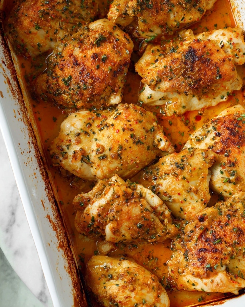 The image shows a white baking dish filled with several pieces of cooked chicken layered closely together. The chicken pieces are golden-brown with specks of green herbs and orange seasoning scattered over the surface, giving it a textured and flavorful look. The edges of the dish show some browned bits from baking, and the chicken sits in a thin pool of orange-colored juices, creating a moist appearance. The overall look is warm and savory, with a mix of light and darker browned spots on the chicken skin, all set against a white marbled surface. photo taken with an iphone --ar 4:5 --v 7