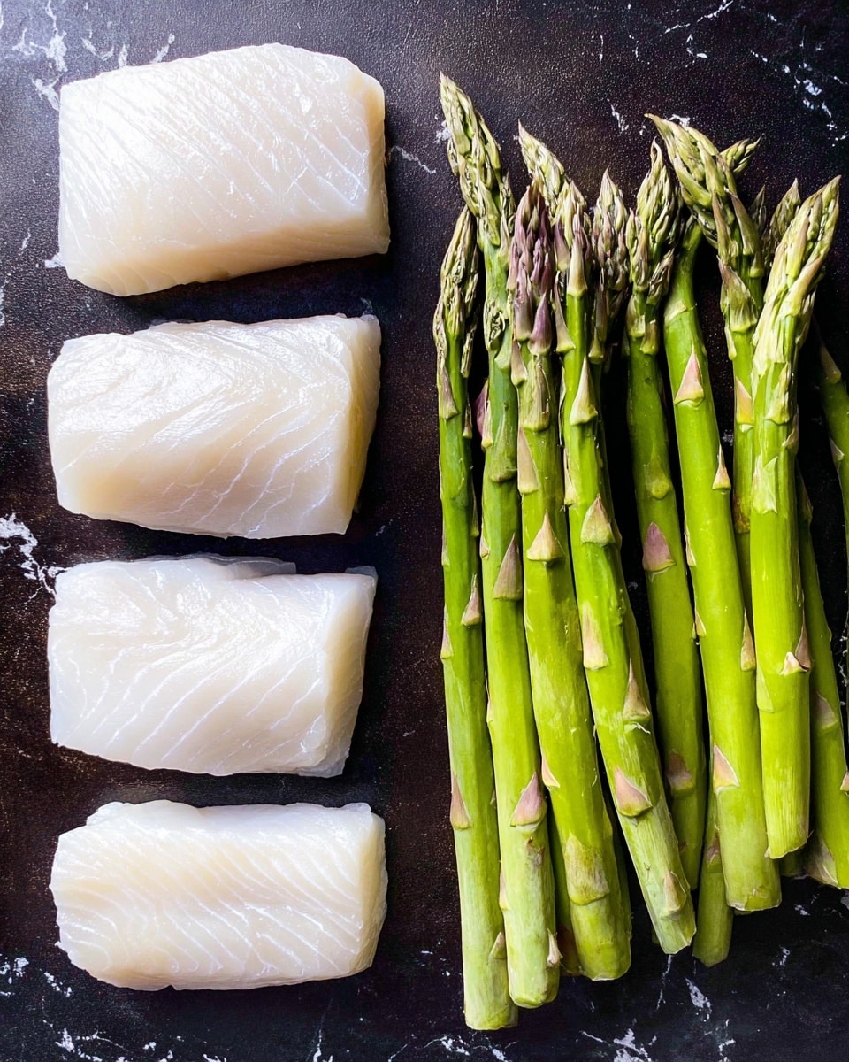The image shows four thick, white pieces of raw fish laid out in a square pattern on the left side, each with a smooth, slightly shiny surface and soft texture. On the right side, there is a bunch of fresh green asparagus spears lying parallel to each other, showing vibrant green and light purple tips. Both the fish and asparagus rest on a dark, smooth cooking surface, placed neatly side by side. The background is a white marbled texture. photo taken with an iphone --ar 4:5 --v 7