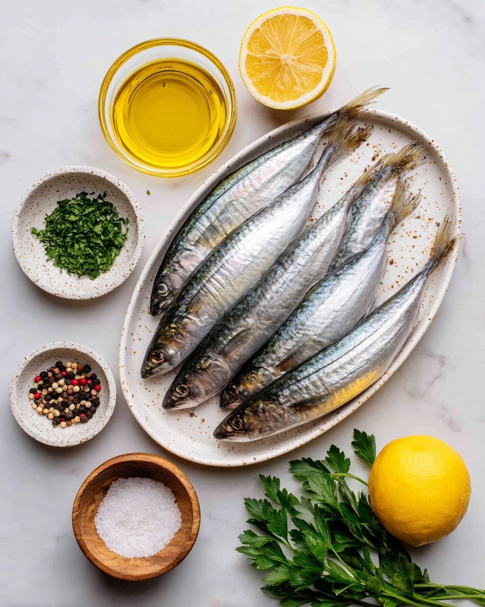 The image shows six shiny silver fish arranged side by side on a white oval plate with small brown speckles, placed on a white marbled surface. Above the plate is a halved lemon showing its bright yellow inside. Left of the plate, there is a clear glass bowl filled with golden olive oil, below it a small white speckled bowl with fresh green chopped herbs, and next to that a small grey bowl containing mixed whole peppercorns in black, white, and red. Below the small white herb bowl is a small wooden bowl holding coarse white salt. To the right of the fish plate, there is a bunch of fresh green parsley and a whole bright yellow lemon lying nearby. All items are neatly arranged with good lighting, photo taken with an iphone --ar 4:5 --v 7