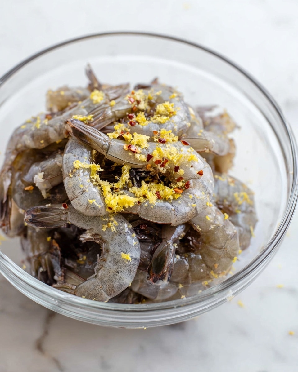 A clear glass bowl holds a pile of raw shrimp, grayish with a slight bluish tint, showing the tails still attached. On top of the shrimp are small layers of minced garlic, red chili flakes, black pepper, and bright yellow lemon zest scattered unevenly. The bowl sits on a white marbled surface with a slightly blurred background. photo taken with an iphone --ar 4:5 --v 7