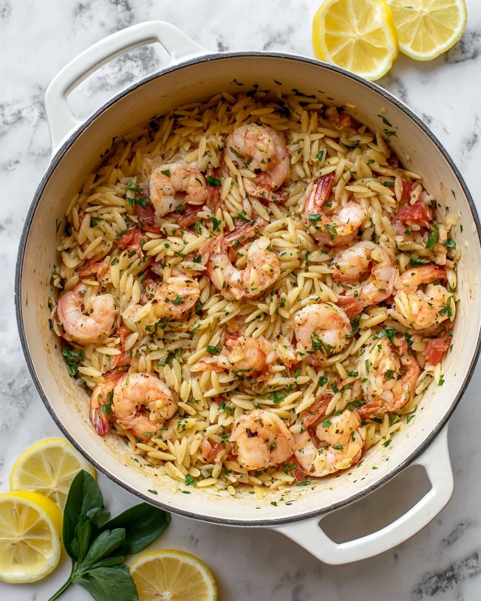 A white pot filled with a mix of cooked orzo pasta and shrimp, with about 2 layers visible. The bottom layer is the orzo, golden and shiny, mixed with small green herb pieces. On top, there are plump pink shrimp, some curled, spread evenly around the pot, mixed with small chunks of lemon slices. The white marbled surface around the pot has scattered lemon wedges and a green leaf for decoration. photo taken with an iphone --ar 4:5 --v 7
