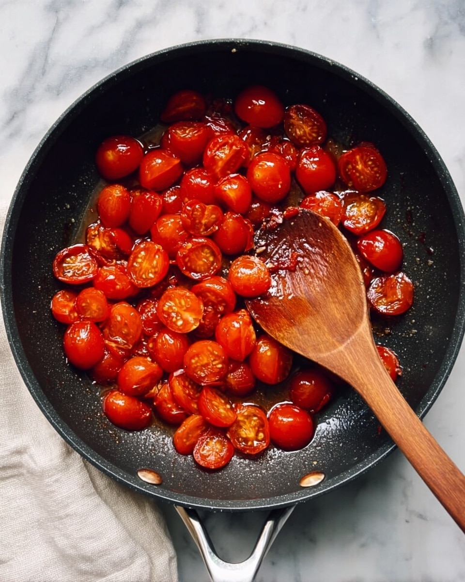 The image shows a black frying pan filled with cooked cherry tomatoes that are cut in half, creating a bright red and slightly glossy layer of tomatoes with some soft texture. A wooden spoon with a smooth handle rests inside the pan, partially covering the tomatoes. The pan sits on a white marbled surface, next to a folded white cloth napkin. The photo taken with an iphone --ar 4:5 --v 7