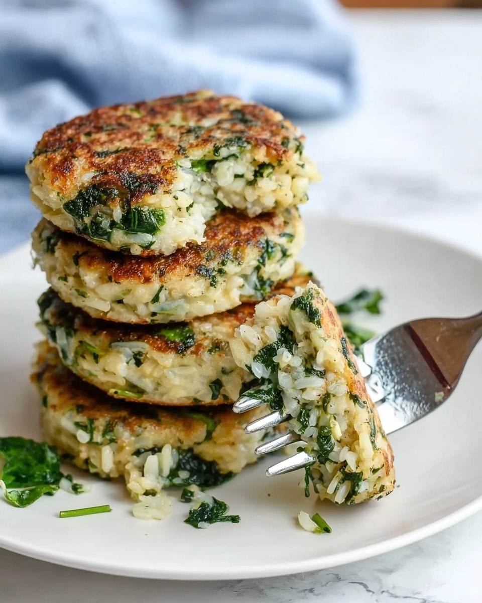A stack of four golden brown patties with visible green spinach pieces and white rice or grain mixed in, placed on a white plate. The patties have a crispy outside and soft inside texture, showing finely chopped greens and grains throughout. A piece is lifted with a silver fork, showing the soft inside with mixed green and white colors. The plate sits on a white marbled surface with a soft, blurred blue and white cloth in the background. Photo taken with an iphone --ar 4:5 --v 7