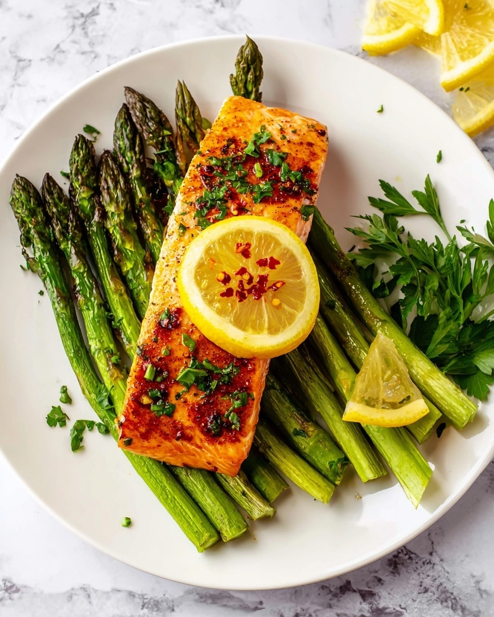 A white plate on a white marbled surface holds a dish with two main layers: the bottom layer is a bunch of grilled green asparagus spears laid horizontally, and on top sits a rectangular piece of cooked salmon, slightly charred with a golden brown color and sprinkled with small green herb pieces. A bright yellow lemon slice with red chili flakes rests on the salmon, adding a pop of color. To the side of the plate, there are some fresh green herb leaves and a few lemon wedges. photo taken with an iphone --ar 4:5 --v 7