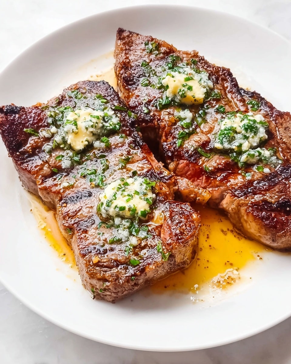 Two cooked steak pieces lie side by side on a white plate. Each steak has a crispy dark brown crust with grill marks and is topped with small dollops of melted butter mixed with chopped green herbs. The meat looks juicy with a slightly pink center. A thin layer of golden melted butter pools around the base of the steaks. The plate sits on a white marbled surface. photo taken with an iphone --ar 4:5 --v 7