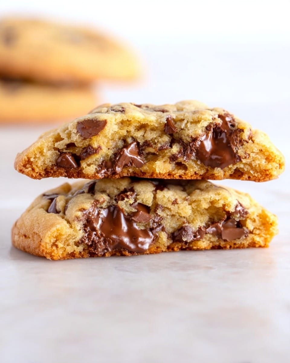 The image shows a chocolate chip cookie broken in half and stacked, revealing two layers. The outer layer is a golden-brown, slightly crunchy cookie with a rough texture and small cracks. The inside layer is soft and chewy, light golden in color, and filled with melted dark brown chocolate chips that look smooth and creamy. The cookie rests on a white marbled surface with a soft blur in the background. Photo taken with an iphone --ar 4:5 --v 7