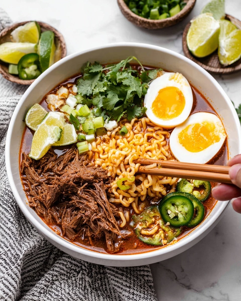 A white bowl filled with a rich reddish broth. Inside the bowl are four main layers: at the bottom, curly yellow noodles partly lifted by a pair of wooden chopsticks held by a woman's hand; on one side, shredded brown meat piled neatly; two halves of a soft-boiled egg with bright yellow yolks and white edges placed next to the meat; fresh green jalapeño slices and green onions scattered on the yellow noodles; thin light-colored strips that look like onions near the green onions; two lime wedges resting on the noodles near the chopped meat; finally, a bunch of fresh green cilantro leaves on top near the meat. The bowl sits on a white marbled surface with small side dishes and a striped cloth nearby. Photo taken with an iphone --ar 4:5 --v 7