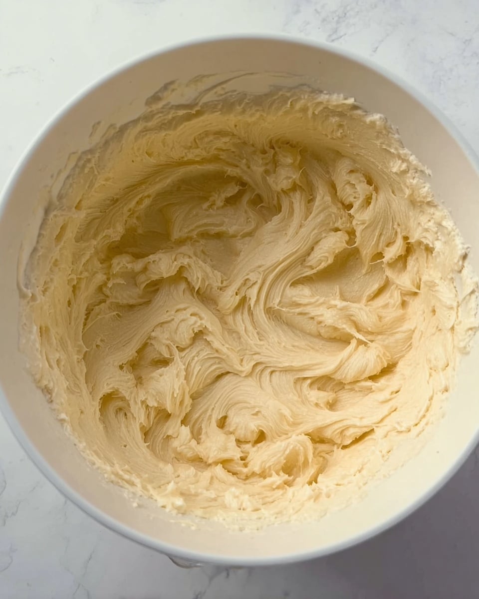 The image shows a white bowl filled with fluffy, creamy, pale yellow butter or batter. The texture looks soft and smooth with visible swirls and peaks all around the bowl. The inside sides of the bowl have some remnants of the mixture, indicating it has been stirred or whipped. The bowl is placed on a white marbled surface. Photo taken with an iphone --ar 4:5 --v 7