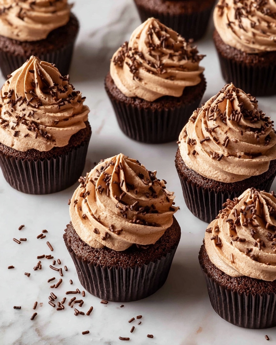 The image shows several chocolate cupcakes arranged on a white marbled surface. Each cupcake has a dark brown cake base inside a dark brown paper cup. On top of each cupcake is a tall, spiraled swirl of light brown chocolate frosting, with a smooth, whipped texture. Dark chocolate sprinkles are scattered on the frosting and also on the surface around the cupcakes. The cupcakes are placed close together, filling the image, with soft natural lighting highlighting the textures. photo taken with an iphone --ar 4:5 --v 7