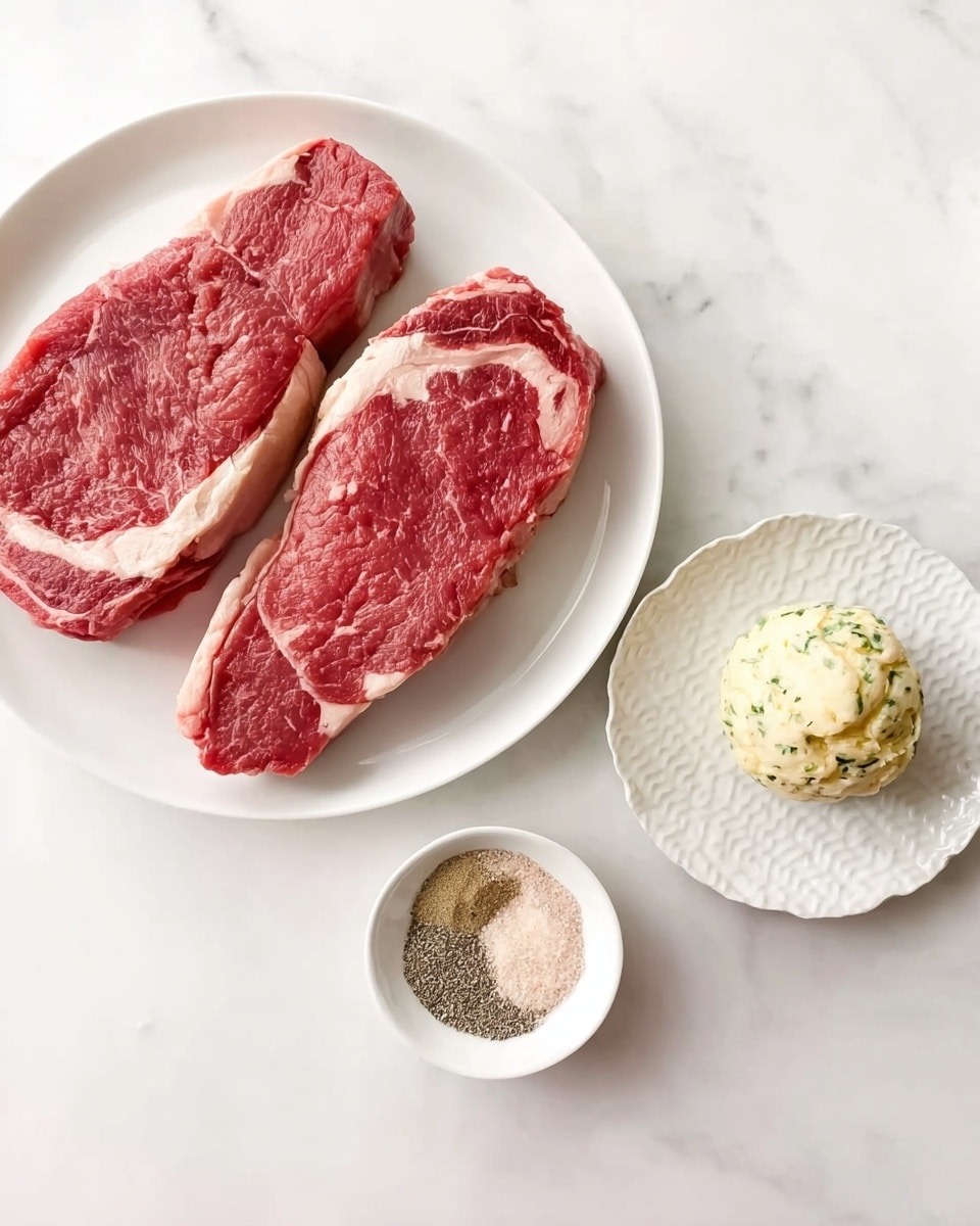Two raw red steaks with white fat edges lie side by side on a white plate in the top left. Below is a small white bowl with two piles of seasoning, one light pink and one grayish black. To the right is a small white textured plate holding a pale yellow ball of herb butter with green flecks. All items are placed on a white marbled surface. Photo taken with an iphone --ar 4:5 --v 7