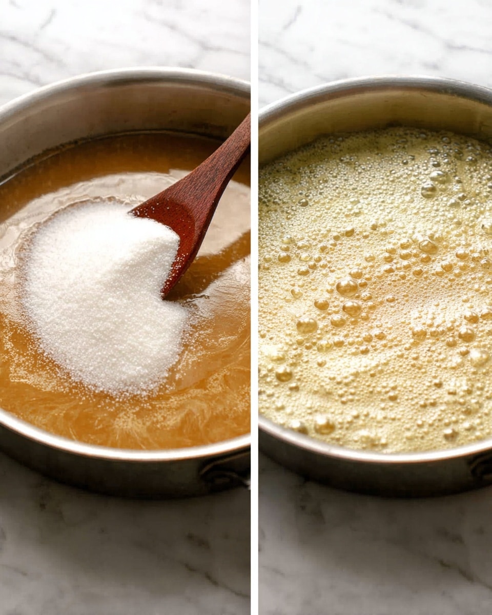 Two side-by-side images show the process of making a sauce in a round metal pan on a white marbled surface. The left image has a shiny, golden-brown liquid base with a pile of white granulated sugar on top, and a brown spatula is stirring it. The right image shows the same pan with the mixture now bubbling and frothy, light golden in color with many small bubbles on the surface. photo taken with an iphone --ar 4:5 --v 7