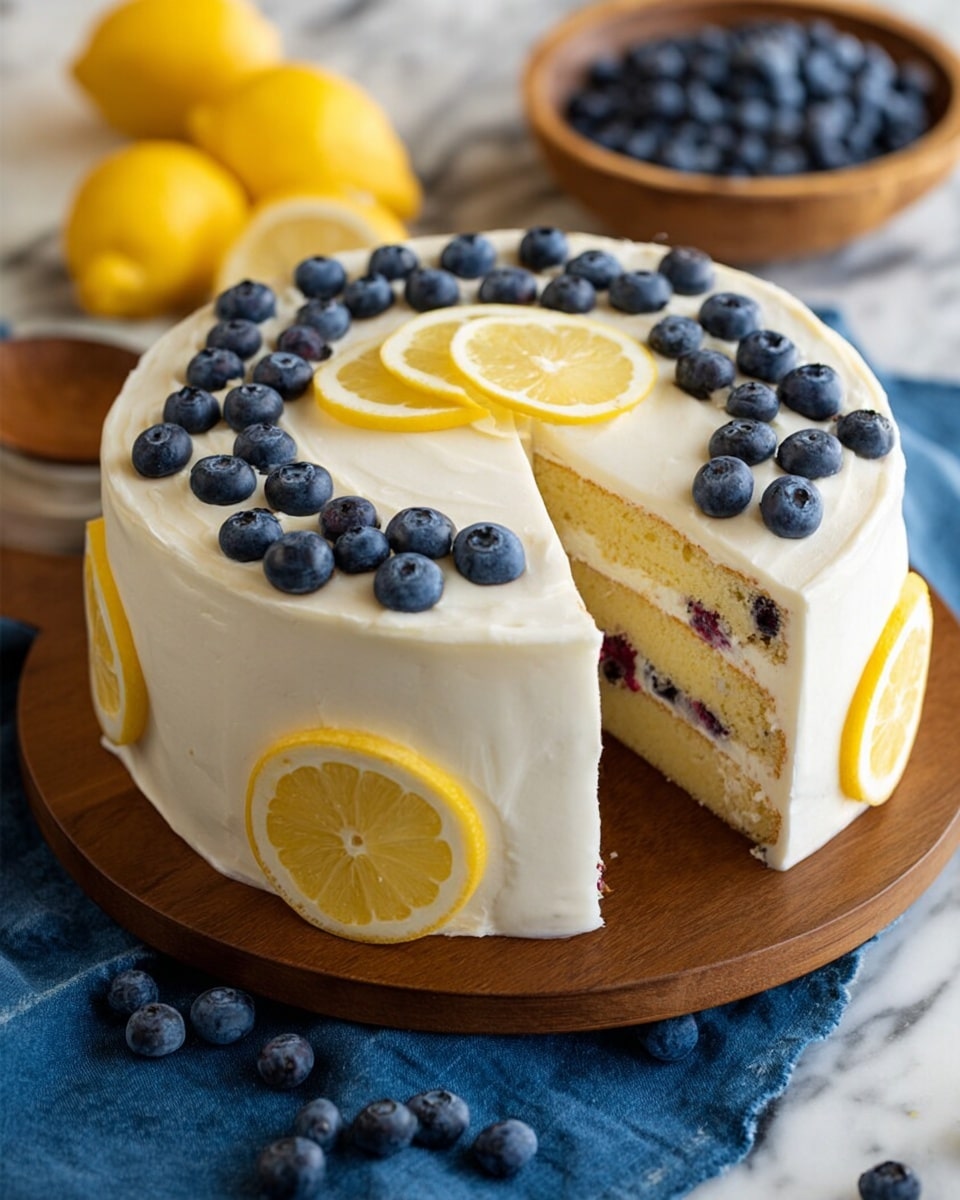 A two-layer round cake with smooth white frosting covers the whole cake. The top layer is decorated with a circle of fresh blueberries around the edge and one lemon slice placed in the center. The cake sides show lemon slices placed evenly around the base. A slice of cake is removed, revealing yellow cake layers with blueberries inside and a thin white frosting layer between them. The cake sits on a wooden board over a blue cloth, with two lemons and a wooden bowl full of blueberries blurred in the background on a white marbled surface. photo taken with an iphone --ar 4:5 --v 7