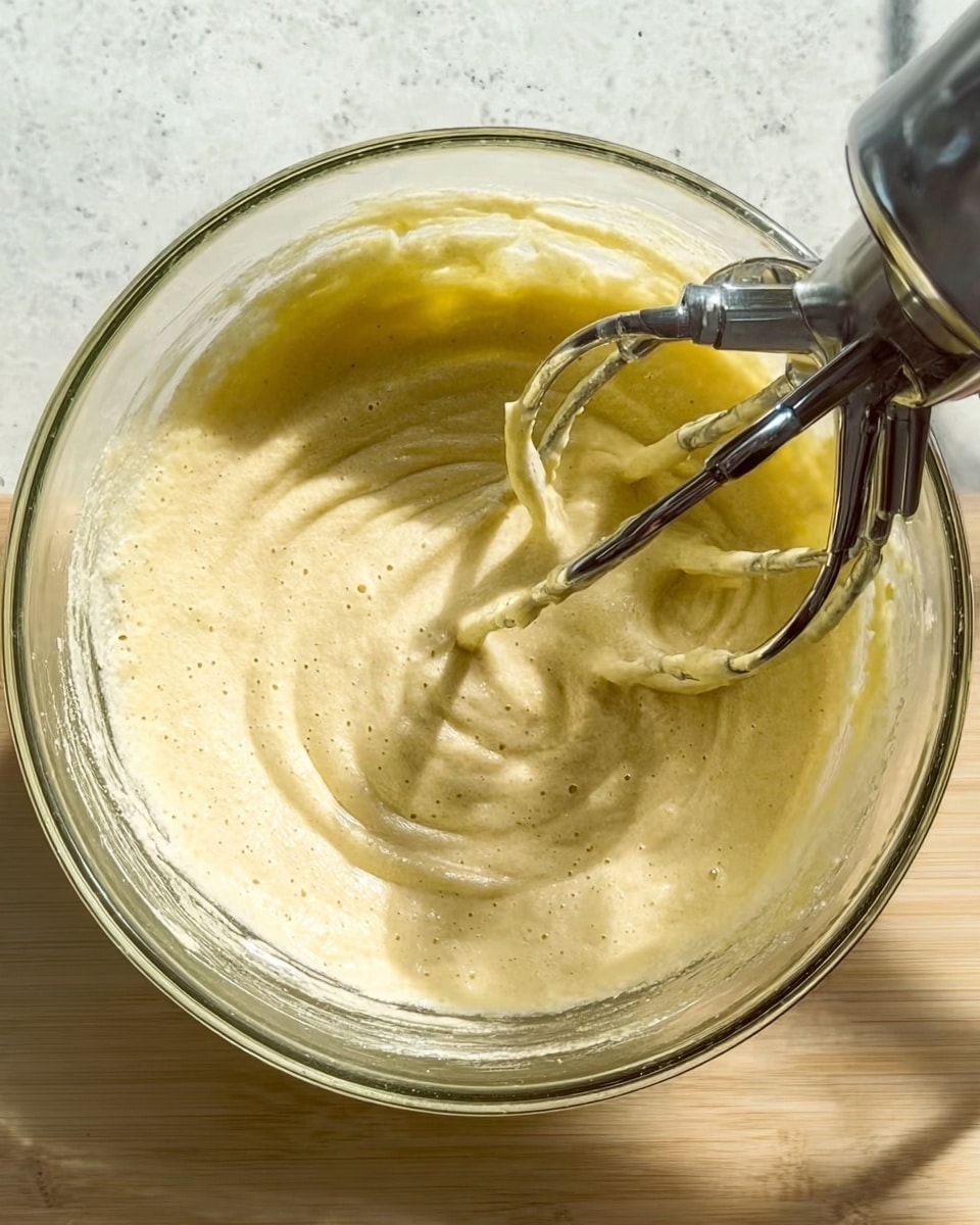 A close-up image shows a glass bowl filled with a creamy pale yellow mixture that has a smooth and slightly foamy texture. Inside the bowl, a silver electric hand mixer with two beaters is partly immersed in the mixture, creating swirled patterns on the surface. The bowl sits on a light-colored wooden surface, but the background is described as a white marbled texture. The lighting creates soft shadows from the beaters, highlighting the mixture’s fluffy texture photo taken with an iphone --ar 4:5 --v 7