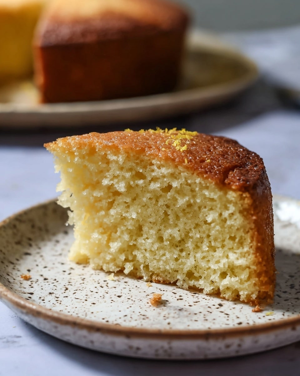 A single slice of yellow cake with a golden brown top sits on a white speckled plate, showing a moist and slightly airy texture inside with small holes. The cake slice appears thick with a slightly rough surface on the top, highlighted by soft natural light. There is a small sprinkle of light yellow zest on the top edge of the cake. The background is a white marbled texture with a blurred view of the remaining cake in the distance. photo taken with an iphone --ar 4:5 --v 7