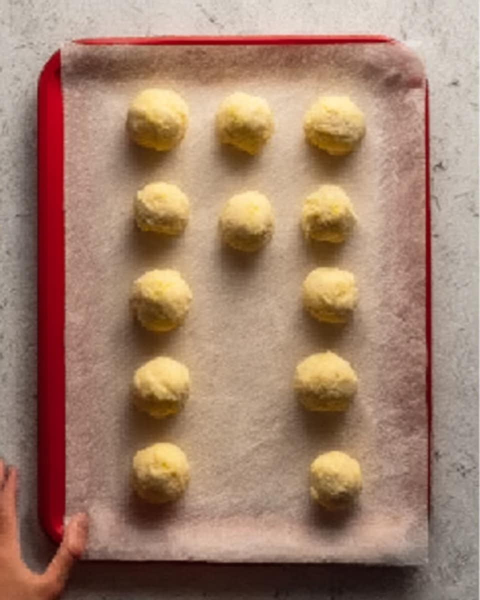 The image shows a top view of a white marbled surface with a baking tray lined with parchment paper. On the paper, there are nine small, round dough balls arranged in three columns and three rows. Each dough ball is light yellow in color and appears soft and smooth with some uneven shapes. At the bottom left corner, a woman's hand is slightly blurred, touching or placing a dough ball. The overall setting gives a simple, clean look focused on preparing dough for baking photo taken with an iphone --ar 4:5 --v 7