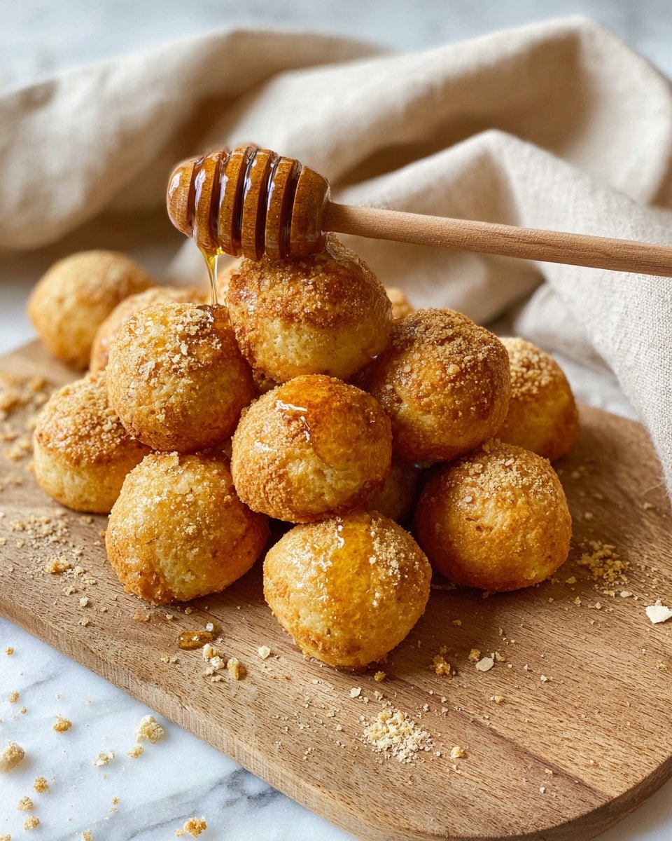 A pile of about twelve round golden brown biscuit balls is placed on a wooden board. The biscuit balls have a rough, crumbly texture with a shiny glaze on top, likely honey, which is being drizzled by a wooden honey dipper resting on the pile. Some crumbs are scattered around the biscuit balls. In the background, there is a soft beige cloth. The whole scene is set on a white marbled surface. photo taken with an iphone --ar 4:5 --v 7