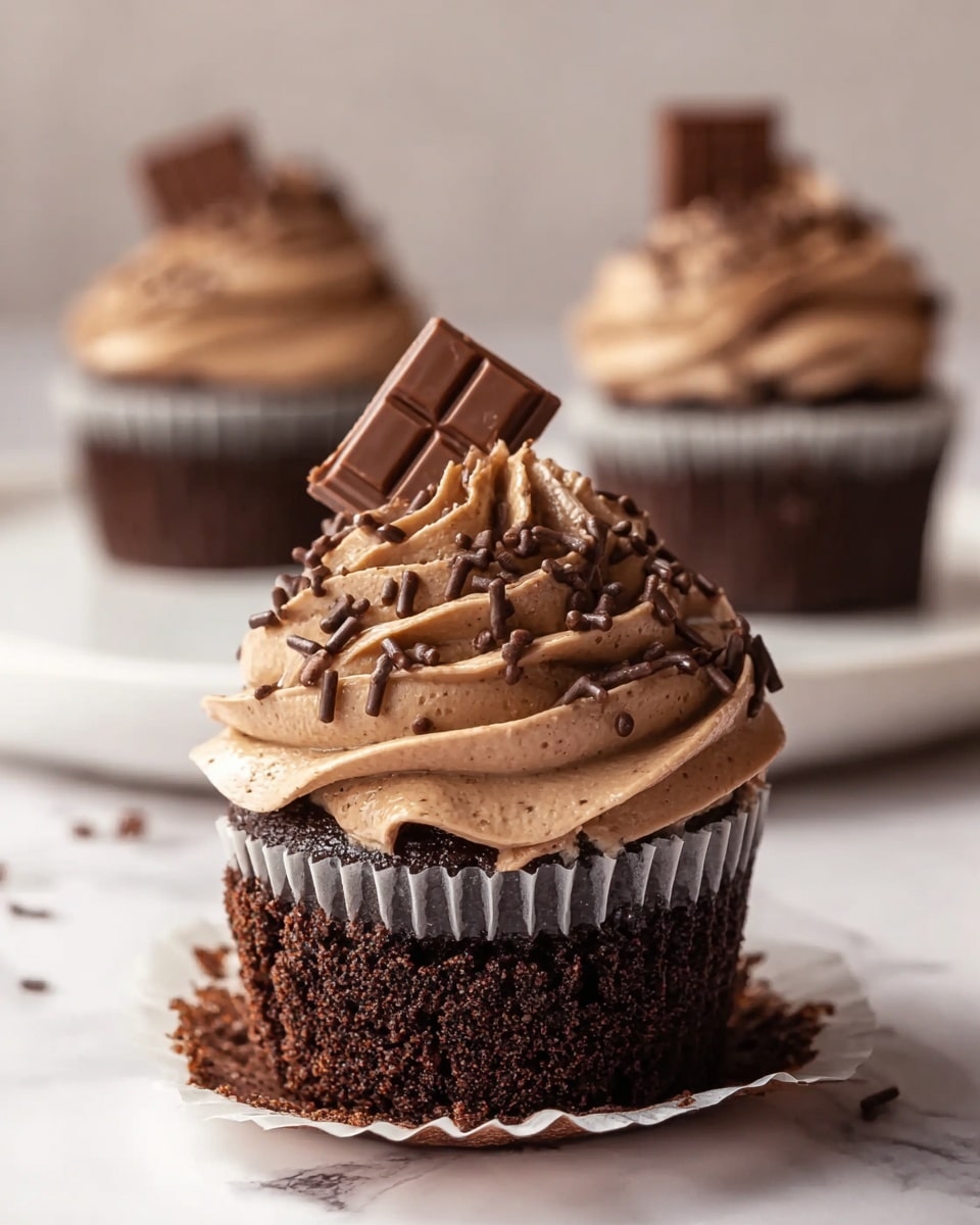 The image shows a close-up of a chocolate cupcake with three main layers. The bottom layer is a dark brown moist cupcake with a rough texture, sitting in an open white baking cup. Above it is a thick swirl of light brown chocolate frosting with a smooth and creamy texture, decorated with small chocolate sprinkles scattered on top. A small square piece of chocolate with a grid pattern is gently placed at an angle into the frosting. In the blurred background, two more similar cupcakes with the same layers and chocolate square decorations are visible on a white marbled surface. photo taken with an iphone --ar 4:5 --v 7