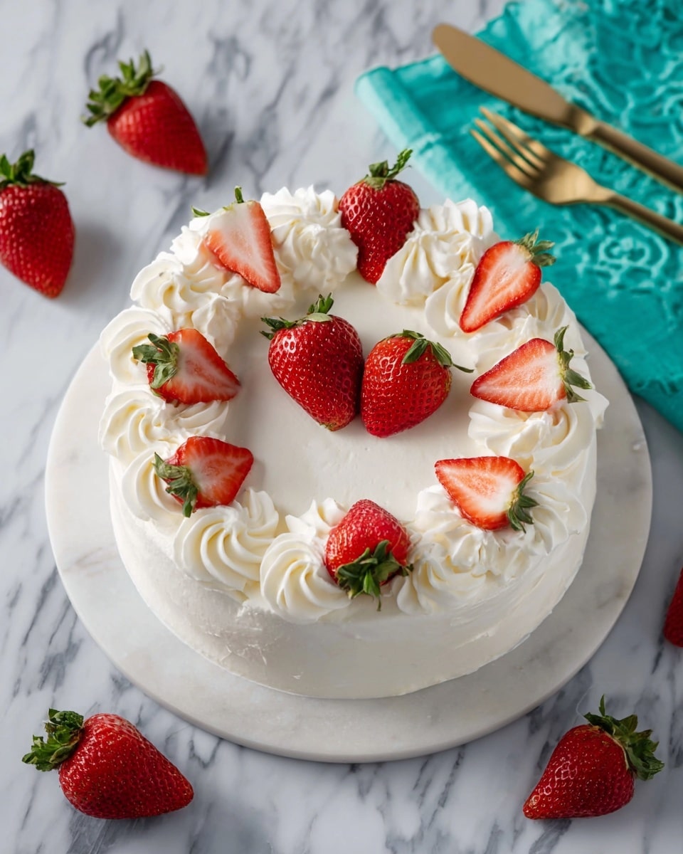 A round white cake with smooth white frosting covers the whole surface as the base layer. There are eight thick swirls of white whipped cream evenly spaced around the top edge. Each swirl holds a halved strawberry with bright red flesh and green leaves, placed cut side up. In the center of the cake, two halved strawberries lie next to each other, also showing their red inside and green tops. The cake sits on a round white marble board on a white marbled surface. Around the cake, whole strawberries with leafy tops are scattered. Nearby are two gold forks and a teal cloth in the background. Photo taken with an iphone --ar 4:5 --v 7