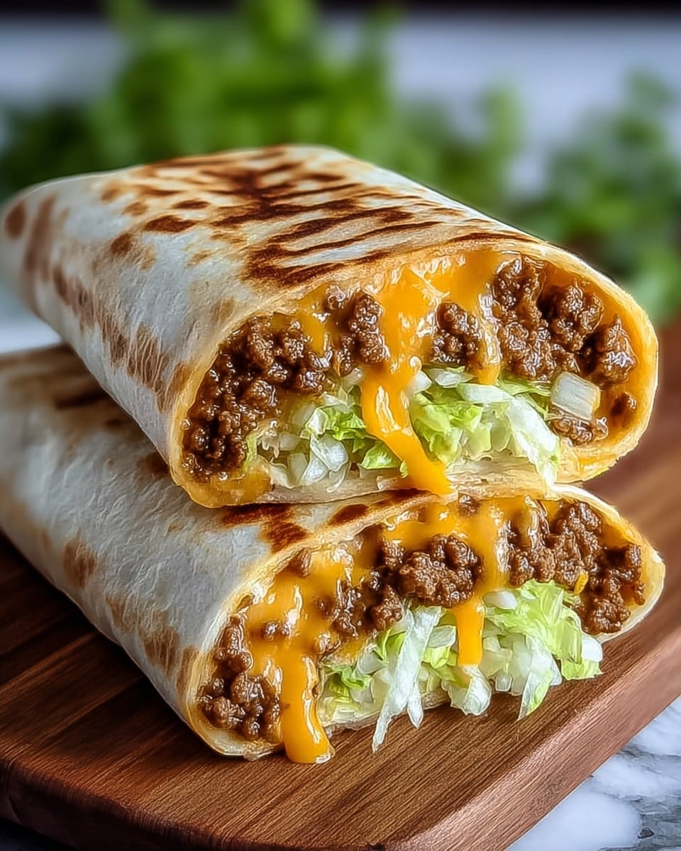 Two grilled burrito halves stacked on a wooden board, each wrapped in a light golden burrito shell with dark grill marks. Inside, there are three layers: the top layer is melted orange cheddar cheese that looks soft and slightly dripping, below it is a rich brown ground beef filling, and the bottom layer is fresh, pale green shredded lettuce. The background shows a soft blurred green, likely herbs, and a white marbled surface beneath the board. Photo taken with an iphone --ar 4:5 --v 7