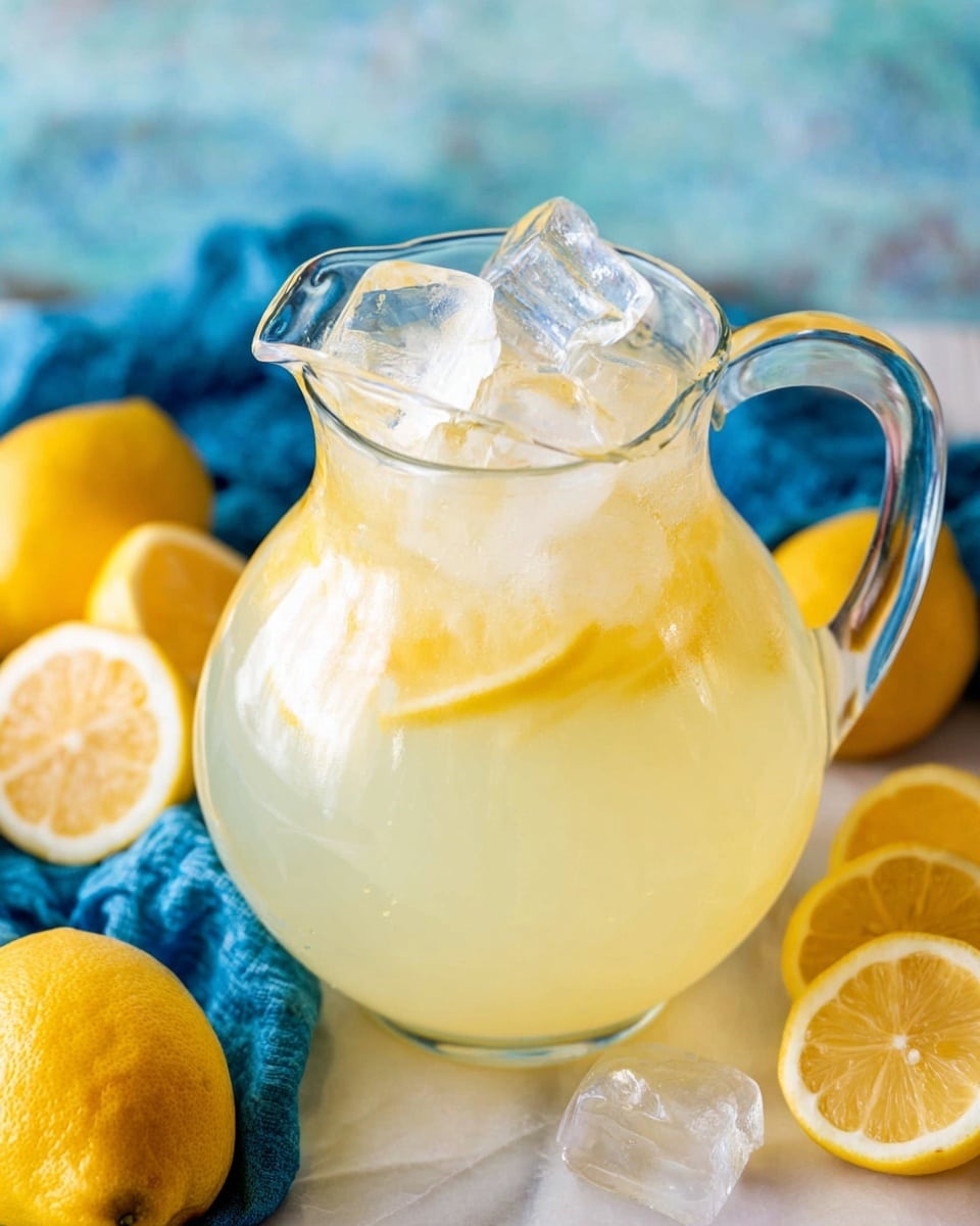 A clear glass pitcher filled with pale yellow lemonade, with several ice cubes floating on top and thin lemon slices beneath the ice near the surface, showing soft yellow and translucent textures. The pitcher has a round body and a clear handle, sitting on a white marbled surface partially covered by a blue cloth in the background. Around the pitcher are halved lemons with bright yellow rinds and juicy interiors, adding contrast. The overall look is fresh and bright, with reflections on the glass highlighting its smooth shape. photo taken with an iphone --ar 4:5 --v 7