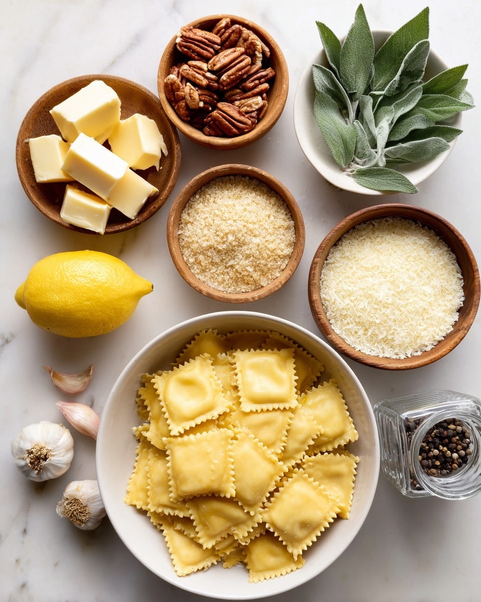 A top view of several small white bowls and a white large bowl placed on a white marbled surface; the large bowl is at the bottom center filled with square-shaped ravioli pasta that is yellow and soft in texture, above it and slightly to the left is a small wooden bowl with sliced butter blocks stacked inside, next to it on the left is a whole bright yellow lemon; to the upper right of the butter is a small wooden bowl filled with light beige panko breadcrumbs, next to that on the right is another wooden bowl filled with finely grated white parmesan cheese; above both bowls and slightly to the right is a white bowl holding fresh light green sage leaves; above the panko bowl is a small wooden bowl containing two whole peeled garlic cloves; at the top left is a white bowl filled with chopped pecans in warm brown shades; lastly, at the bottom right corner is a clear pepper and salt grinder with black peppercorns inside photo taken with an iphone --ar 4:5 --v 7