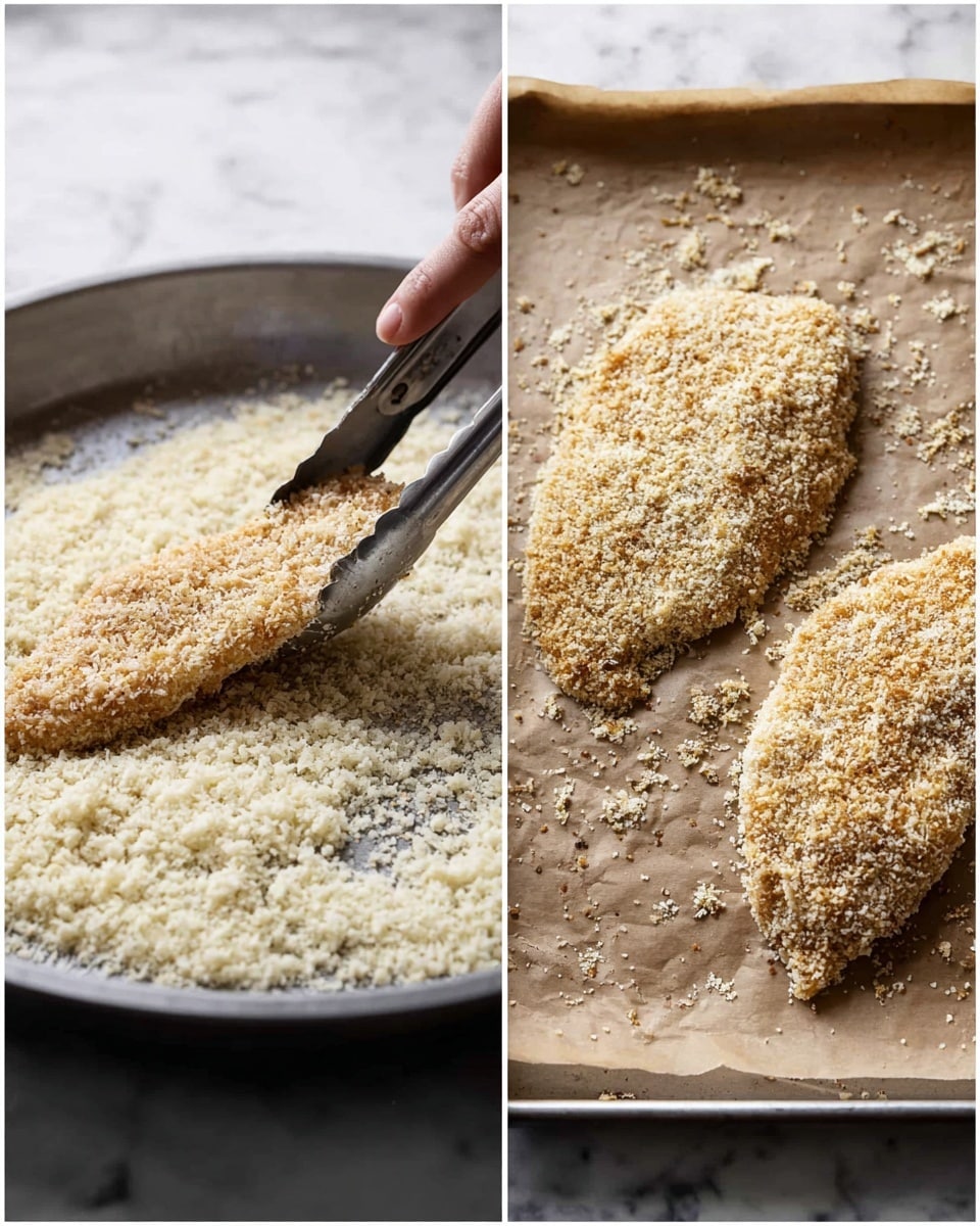 The image shows two parts: on the left, a pair of tongs held by a woman's hand is dipping a piece of light brown meat into a pan full of pale, crumbly breadcrumbs that cover the meat evenly; on the right, two pieces of the breadcrumb-covered meat lie flat on a baking sheet lined with light brown parchment paper, with crumbs scattered around. The meat pieces have a rough, grainy texture from the coating and are light beige in color. The pan is gray and the background is a white marbled texture. Photo taken with an iphone --ar 4:5 --v 7