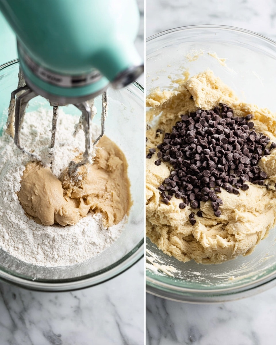 The image shows two glass mixing bowls placed on a white marbled surface, each containing different stages of cookie dough mixing. The left bowl has a light brown dough base with a pile of white flour on top, and a mint green mixer is hovering over it. The right bowl contains a pale cookie dough with a large mound of dark chocolate chips sitting on top. A mixer with dough-covered beaters is partially visible above this bowl. Both bowls display textures that are soft and thick, indicating the preparation steps of cookie dough. Photo taken with an iphone --ar 4:5 --v 7