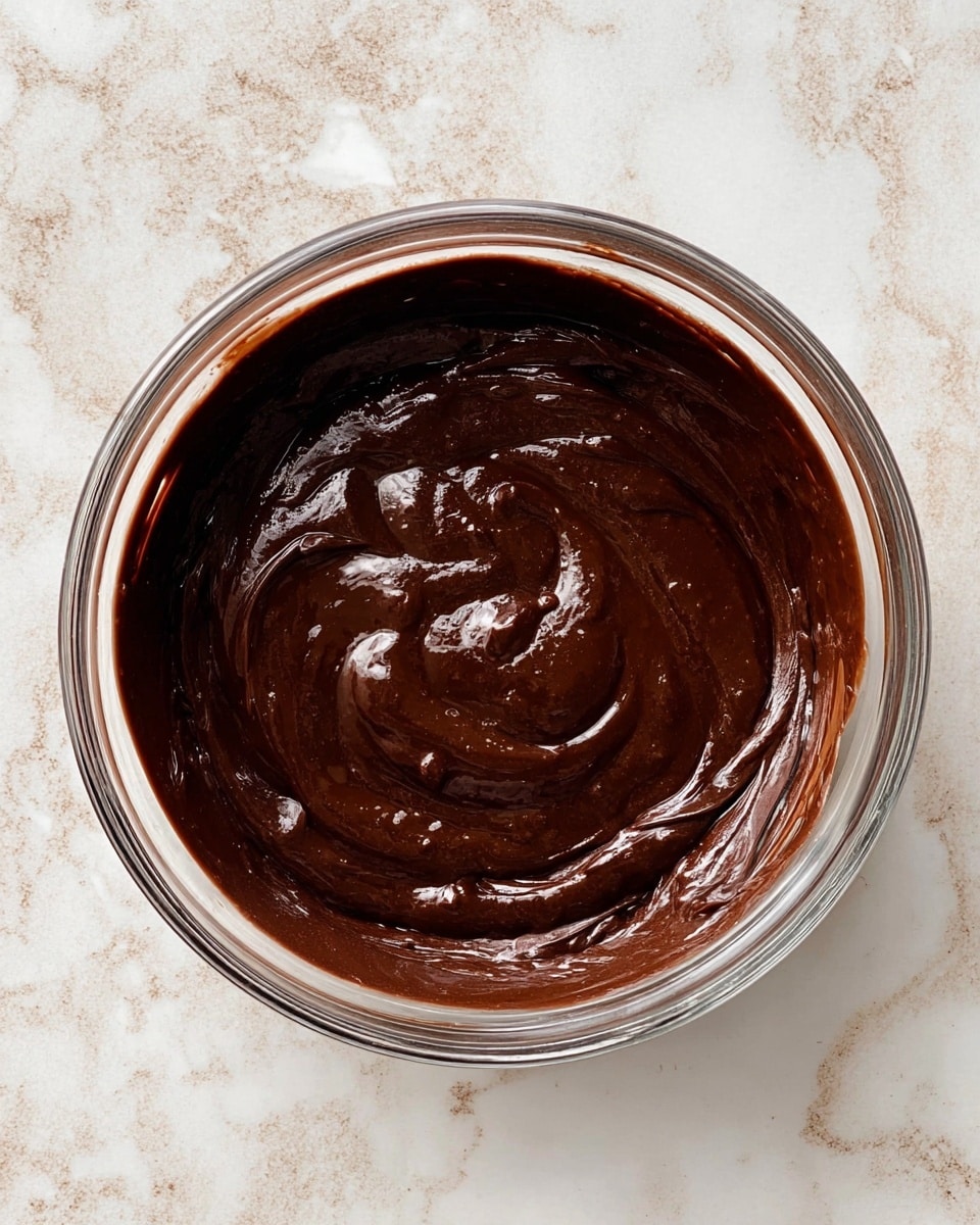 A clear glass bowl filled with smooth, thick dark chocolate sauce that has a shiny texture. Swirls and small peaks are visible on the surface of the chocolate, showing it has been stirred recently. The bowl sits on a white marbled texture surface that adds a clean and bright background contrast to the rich brown color of the chocolate. Photo taken with an iphone --ar 4:5 --v 7