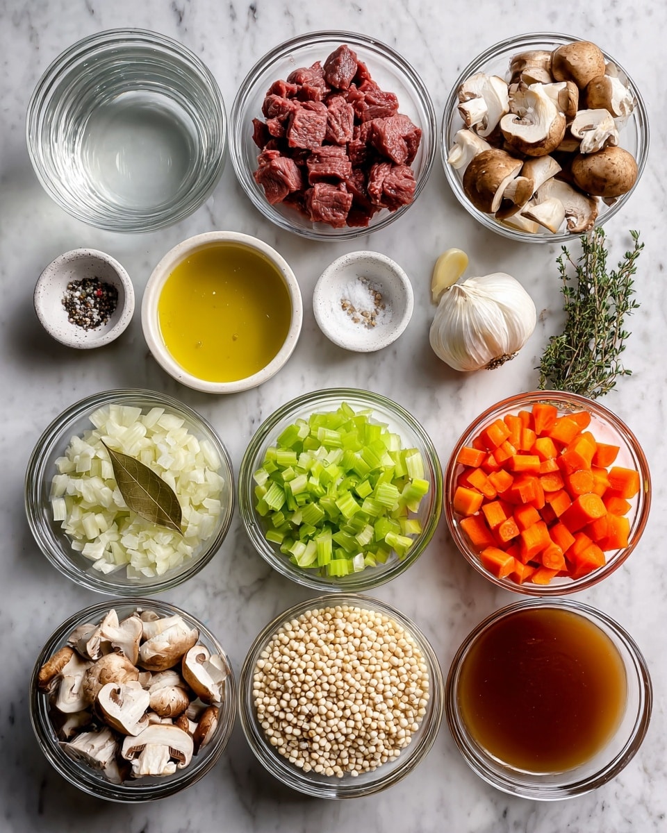 The image shows a white marbled surface with 13 clear glass bowls and one small white dish, each holding different cooking ingredients. On the left, there is a bowl of clear water above a bowl of sliced brown mushrooms, next to a bowl of dark red beef chuck pieces. Nearby, a small white dish contains salt and pepper, and a single clove of garlic lies beside it. Above this are bowls of bright yellow olive oil and chopped green celery. Centered is a bowl of finely chopped white onions with a bay leaf and thyme placed nearby. On the right side, there are bowls with diced orange carrots, light beige pearled barley, and two bowls filled with different brown liquids labeled beef broth and chicken broth. All the bowls are transparent and neatly arranged on the white marbled background. photo taken with an iphone --ar 4:5 --v 7