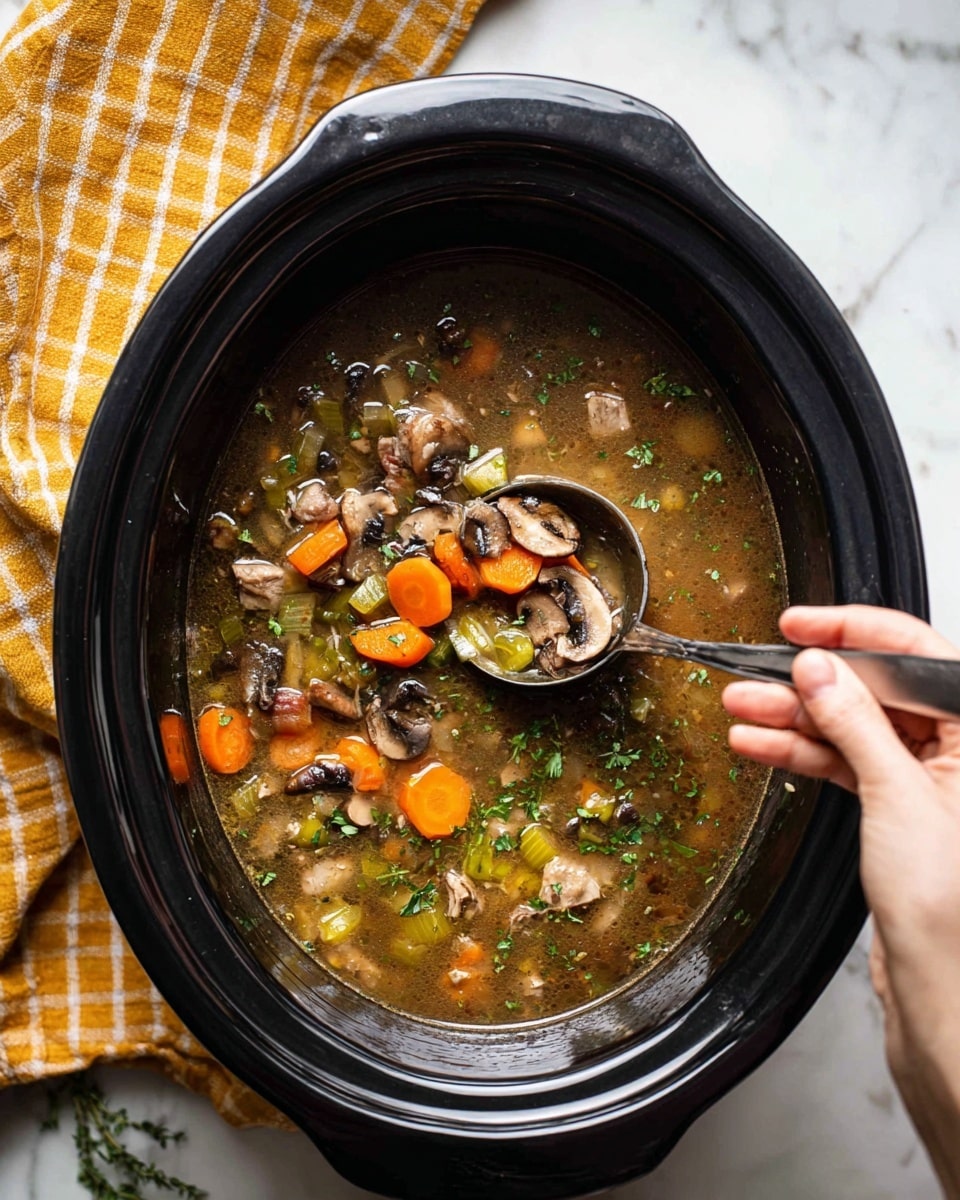 A large black slow cooker filled with a brown broth soup containing visible layers of chopped orange carrots, light green celery, dark and light brown mushrooms, and chunks of light brown meat. The soup has a slightly shiny surface with small green herbs sprinkled on top. A silver ladle in the slow cooker lifts a mix of these ingredients, while a woman's hand holds metal tongs grabbing a mushroom slice. The scene is set on a white marbled surface with a mustard yellow and white checkered cloth in the background. photo taken with an iphone --ar 4:5 --v 7