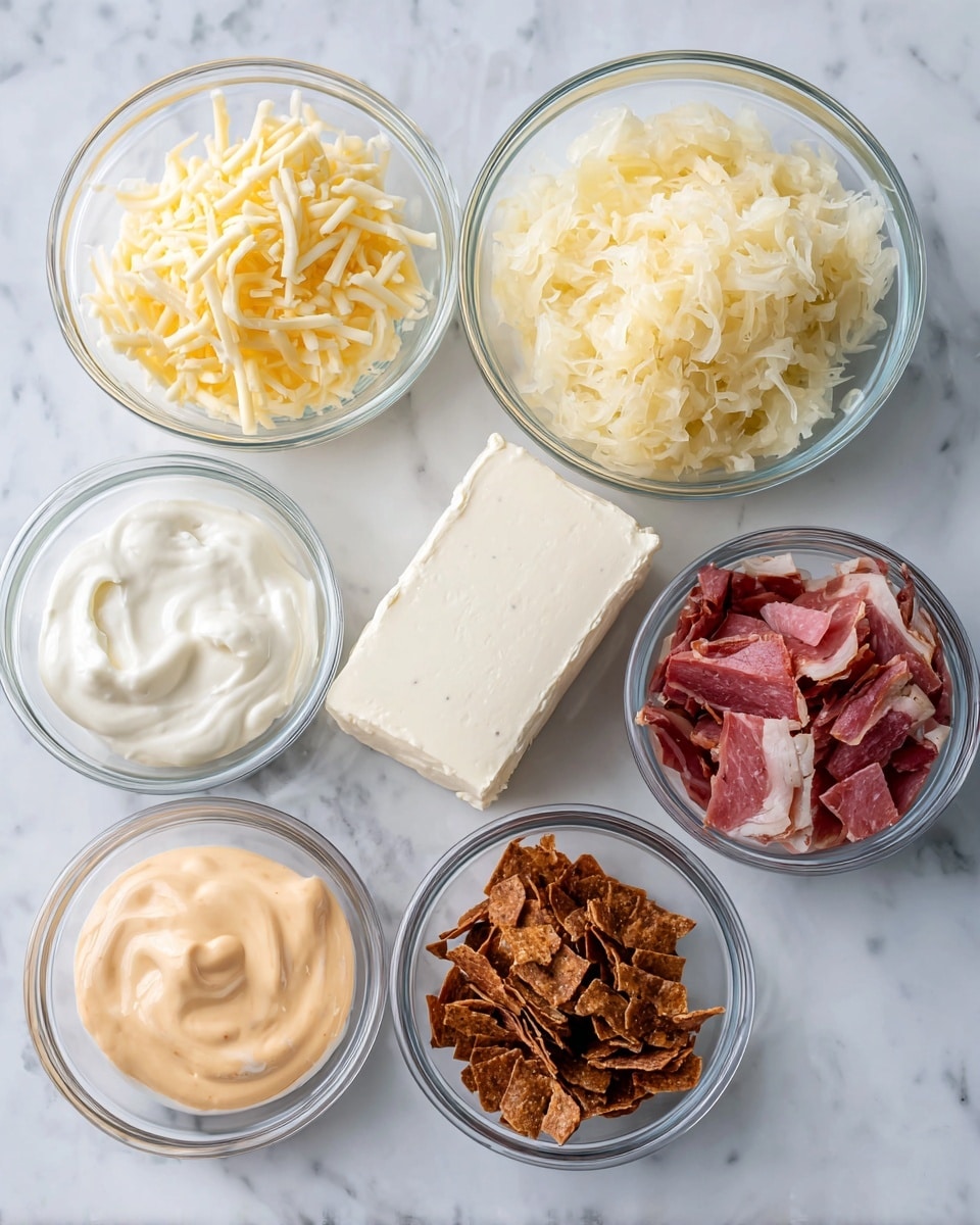 The image shows seven clear glass bowls arranged on a white marbled surface. The largest bowl in the center holds a thick block of white cream cheese. Around it, the top left bowl contains shredded pale yellow Swiss cheese, and next to it on the right is a bowl with shredded sauerkraut in light yellow tones. To the far right is a bowl filled with thin slices of reddish-brown corned beef. Below that is a bowl with small, crispy, dark brown rye chips. Below and to the left of the cream cheese bowl is a smaller bowl with smooth white sour cream. The bottom left bowl holds a pale orange-colored Thousand Island dressing with a creamy texture. Each ingredient is separated distinctly in its own bowl, making the colors and textures clear and neat. photo taken with an iphone --ar 4:5 --v 7