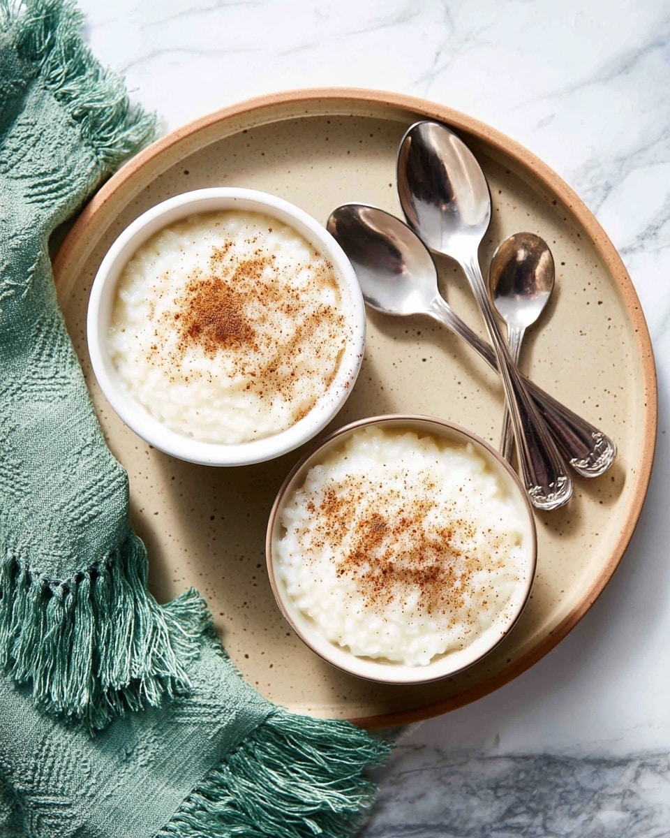 Two white bowls filled with creamy white rice pudding topped with a light dusting of brown cinnamon powder are placed side by side on a round tan tray with a slightly speckled texture. On the tray above the bowls, two shiny silver spoons lie parallel, reflecting the light and surroundings. The tray sits on a white marbled surface, and a green cloth with fringe is casually placed to the left side of the tray. photo taken with an iphone --ar 4:5 --v 7