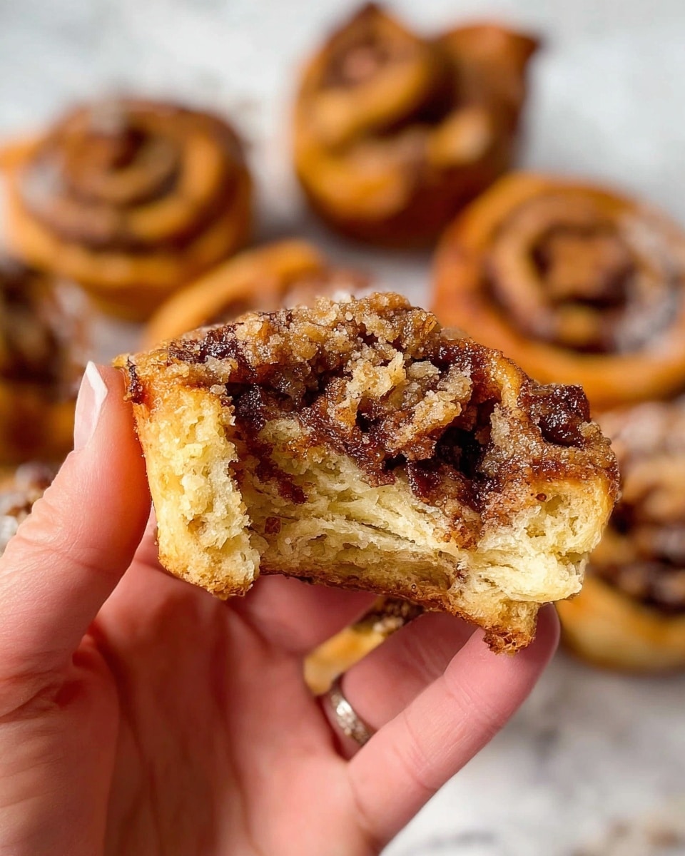 A close-up of a woman's hand holding a torn mini cinnamon roll, showing three layers: the bottom layer is light golden and flaky, the middle layer is filled with dark brown cinnamon sugar, and the top layer is crumbly with a mix of golden-brown sugar and cinnamon bits. In the background, there are several whole cinnamon rolls with a browned, slightly rough surface, all placed on a white marbled texture. The image focuses on the texture and layers of the cinnamon roll, highlighting its flaky and crumbly parts. photo taken with an iphone --ar 4:5 --v 7