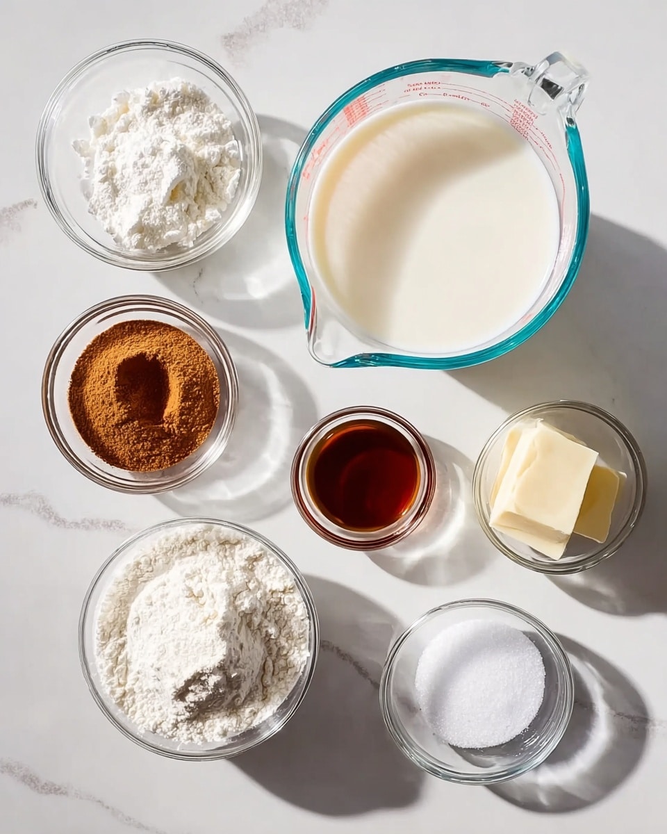 The image shows seven small clear glass bowls placed on a white marbled surface, each holding different baking ingredients. In the center, there is a clear measuring cup filled almost to the top with milk. Surrounding it are six small bowls: one contains white sugar, another has light brown cinnamon powder, one holds white flour, another has two small blocks of butter, one has a dark brown liquid vanilla extract, and the last one appears to be salt or baking powder. The setup is neat, well-lit with natural light, and has soft shadows around the bowls. photo taken with an iphone --ar 4:5 --v 7