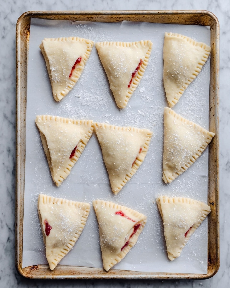 Nine triangular pastries are placed on a baking tray lined with white parchment paper, arranged mostly in two rows with some spacing. Each pastry is a pale, uncooked dough with edges pressed down firmly using fork marks, showing a bright red filling slightly visible and leaking from the seams. The pastries have a matte, soft texture with small patches of flour dusting their surfaces. The tray rests on a white marbled surface. photo taken with an iphone --ar 4:5 --v 7