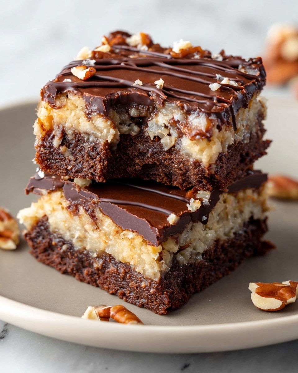 Two stacked brownie bars on a white plate, each bar with three visible layers: a dark brown, dense brownie base, a middle shiny layer of smooth dark chocolate, and a top crumbly beige coconut layer with a drizzle of dark chocolate over it. The top bar has a bite taken out of it, showing the moist texture inside. Small brown nut pieces are scattered around on the plate, which sits on a white marbled surface. Photo taken with an iphone --ar 4:5 --v 7