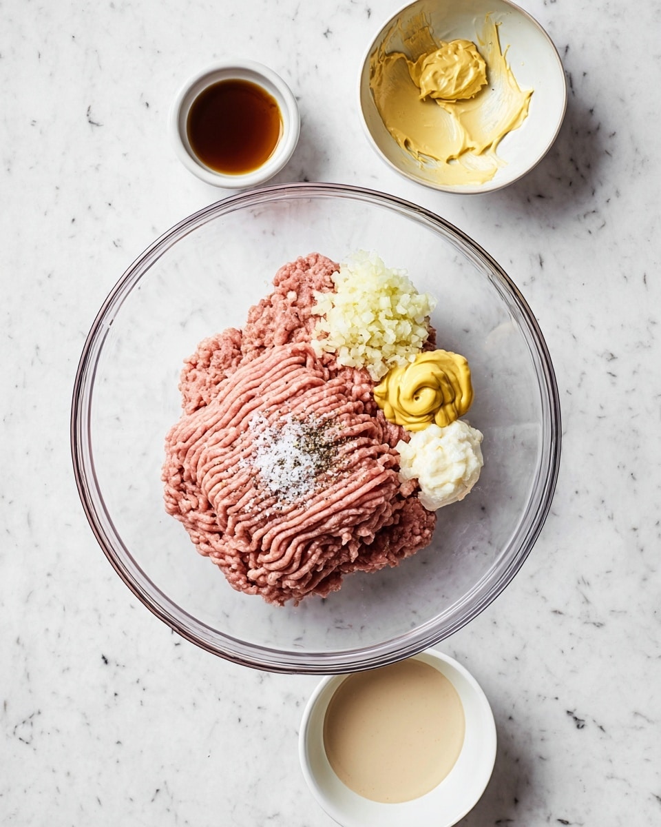 A clear glass bowl sits on a white marbled surface, holding one main layer of light pink ground meat spread flat. On top of the meat, there are small piles of white coarse salt and black cracked pepper on the upper left. To the right of these, there is a small dollop of yellow mustard and a slightly larger dollop of off-white mayonnaise. Next to the mayonnaise, finely chopped pale yellow garlic is spread. Above this bowl is a small white bowl with some smeared yellow mustard inside. Below are two small white bowls, one with a dark brown liquid and the other with a light creamy sauce. Photo taken with an iphone --ar 4:5 --v 7