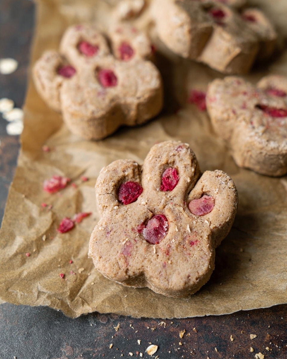 The image shows several paw-shaped cookies with a light brown color and visible red pieces inside them, placed on crumpled brown parchment paper. The cookies have a rough texture with some crumbs scattered around on the paper and the surface beneath the paper. The surface below looks dark with crumbs here and there, and the background is softly blurred with a few scattered oats visible. The cookies have three oval shapes representing toes on top of a wider oval on the bottom that forms the pad of the paw. photo taken with an iphone --ar 4:5 --v 7