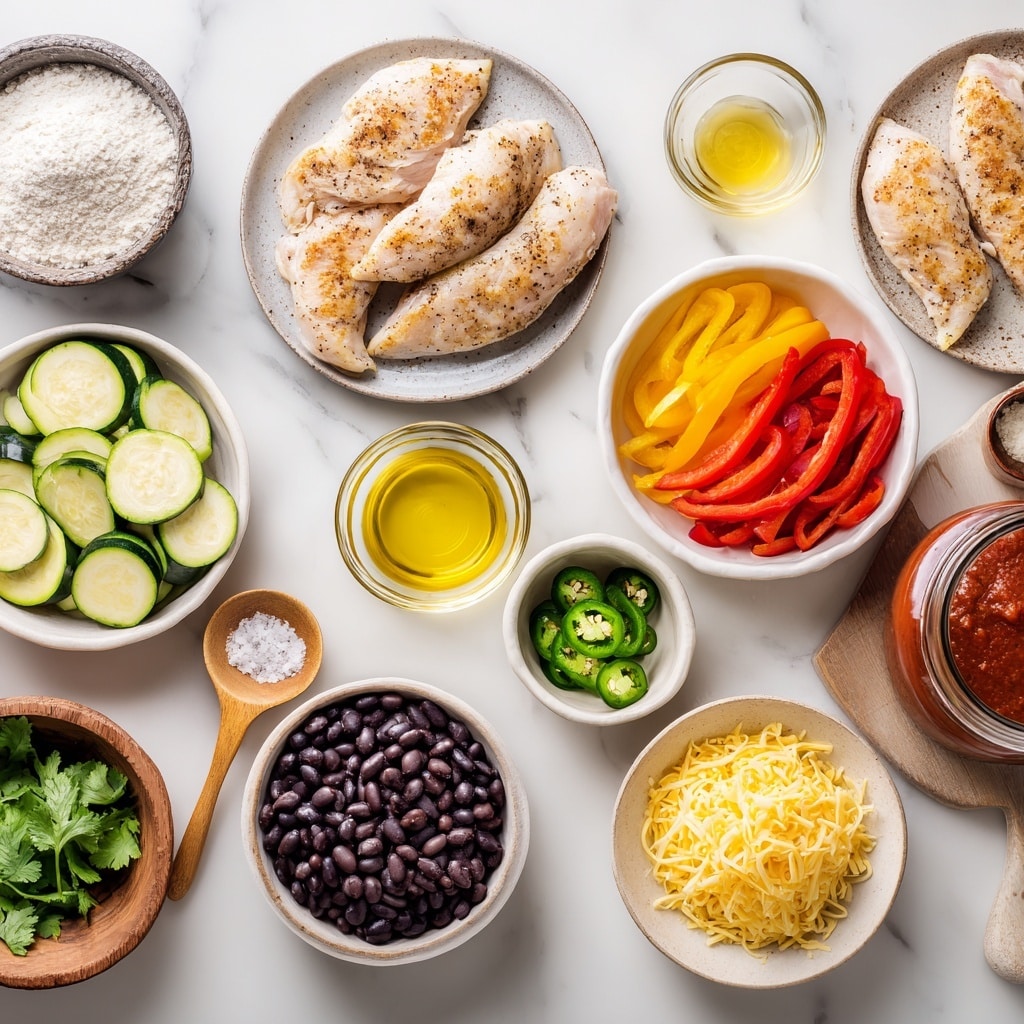 Top-down professional food photography, flat lay style, bright white marble countertop, neatly arranged, evenly spaced, tidy, clean organized layout, include: four small plates with boneless skinless chicken breasts seasoned with salt and pepper, small bowl of cassava flour, small glass cup of extra virgin olive oil, small bowl of minced garlic, small bowl of red bell pepper strips, small bowl of thinly sliced yellow onion, small bowl of zucchini half-moon slices, two bowls of drained and rinsed black beans, jar of red enchilada sauce, small bowl of shredded Monterey jack cheese, small bowl of thinly sliced jalapeño, small bowl of fresh cilantro leaves, bright soft natural lighting, sharp focus, high detail textures, realistic reflections, no finished dish, no cooked food, no hands, no text, no watermark