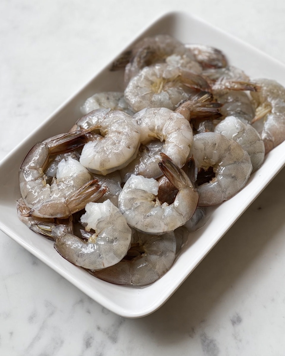A white rectangular dish sits on a white marbled surface, filled with raw shrimp arranged in a loose pile. The shrimp display a mix of translucent grey and white colors, with their tails intact, showing light brown and dark edges. The texture of the shrimp appears smooth and slightly wet, highlighting their freshness. The shrimp are spread evenly, allowing each one to be visible, with some overlapping slightly. Photo taken with an iphone --ar 4:5 --v 7