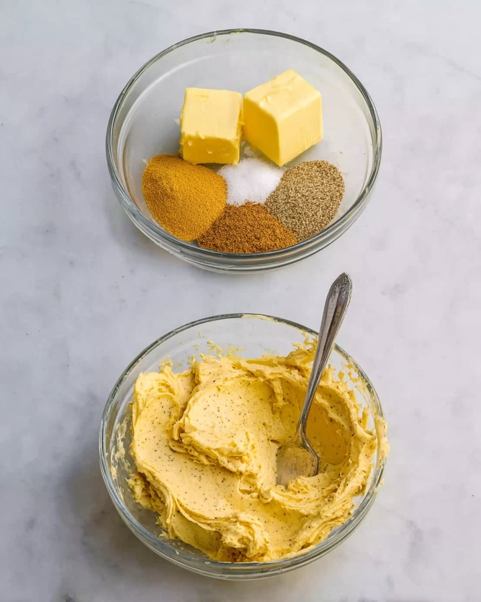 The image shows two clear glass bowls on a white marbled surface. The bowl on the left has three pieces of yellow butter in the center, with light brown sugar, finely ground black pepper, and a small mound of mustard powder around the butter, each spice forming its own patch close to the butter. The bowl on the right contains the same clear glass bowl with the ingredients mixed into a creamy, yellow spread with some small black specks, and a silver spoon standing in the mixture. Photo taken with an iphone --ar 4:5 --v 7