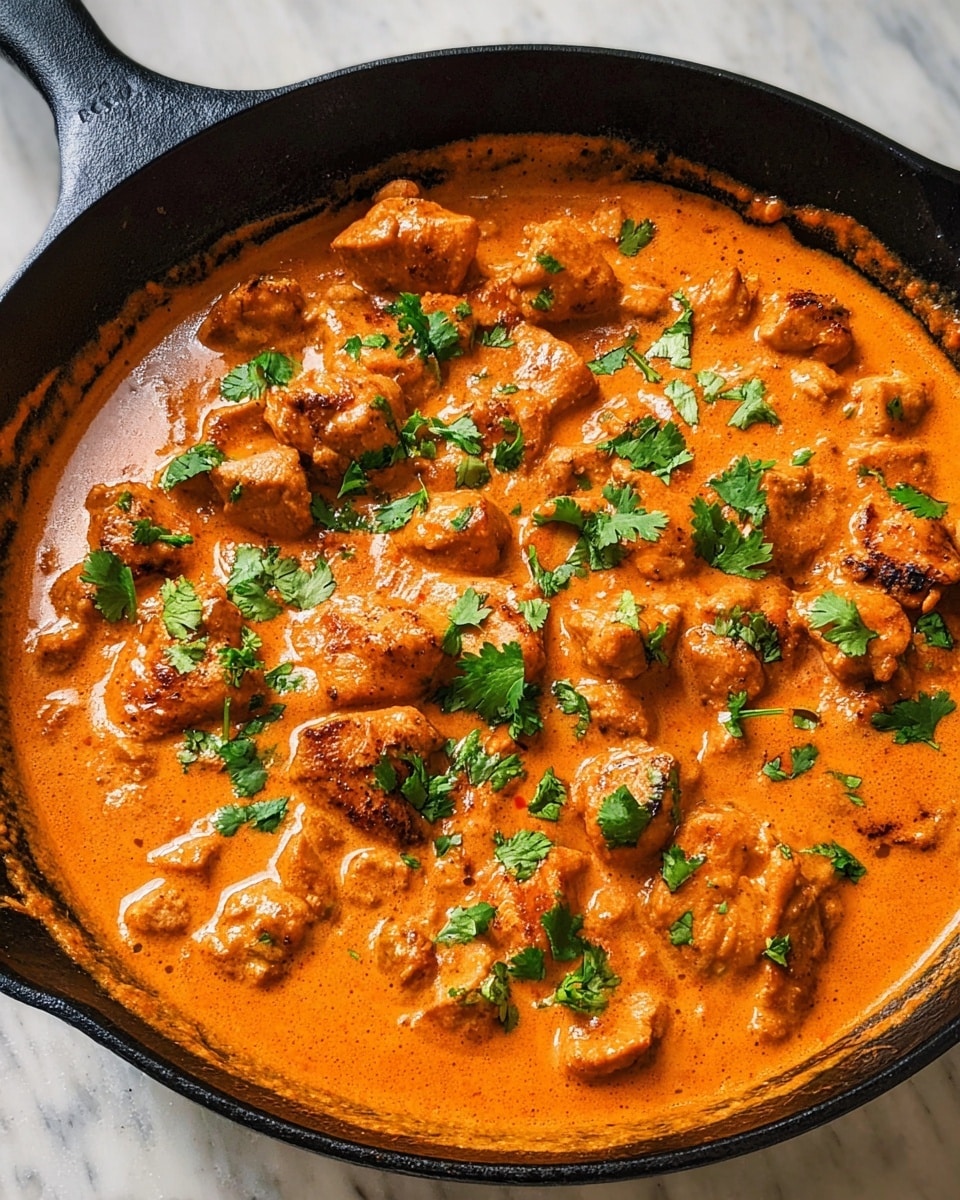 A black cast iron pan filled with many pieces of browned chicken in a thick, smooth orange sauce that covers the pan evenly. The sauce looks creamy with a shiny texture, and fresh green cilantro leaves are scattered on top for contrast. The edges of the pan show some sauce residue, and the background is a white marbled texture. photo taken with an iphone --ar 4:5 --v 7