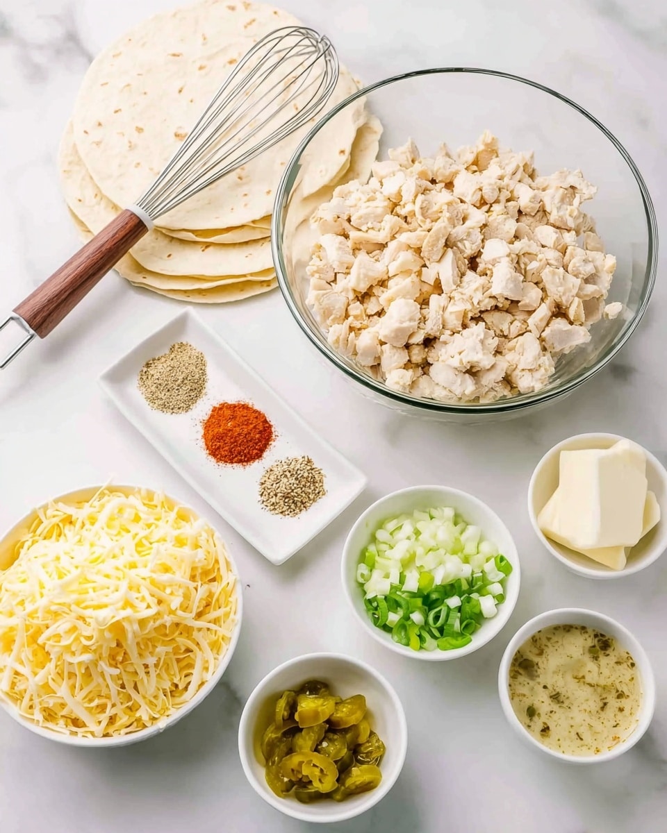 The image shows several ingredients arranged on a white marbled surface. At the center back, there is a large clear glass bowl filled with small light beige chunks of chicken, next to a metal whisk with a wooden handle. Behind the bowl, there are several stacked light beige tortillas. In front and left of the chicken bowl, there is a white bowl filled with a pile of shredded pale yellow cheese. To the front right side, several small white bowls contain different ingredients: one bowl has sliced green onions, another has a smooth cream cheese block, the next has a greenish sauce with visible mustard seeds, and another holds chopped yellow-green pickles or relish. Above these bowls, there is a white dish with three spices in small piles—powdered garlic, reddish paprika, and light yellow seasoning. The whole setup is bright and clean, emphasizing fresh ingredients photo taken with an iphone --ar 4:5 --v 7